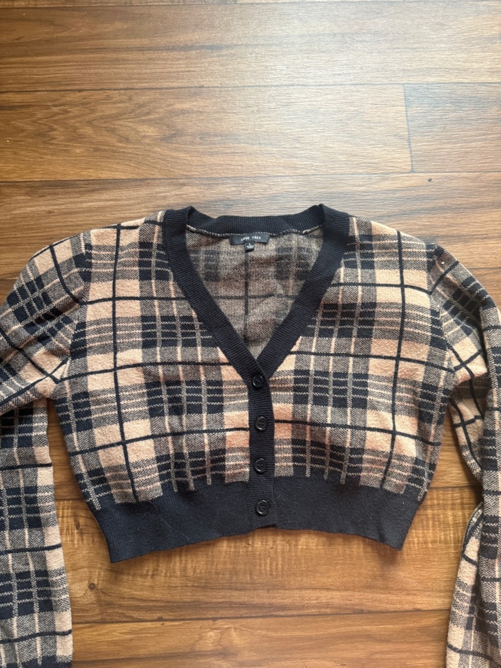 Cropped Plaid V-Neck Cardigan - Black and Tan